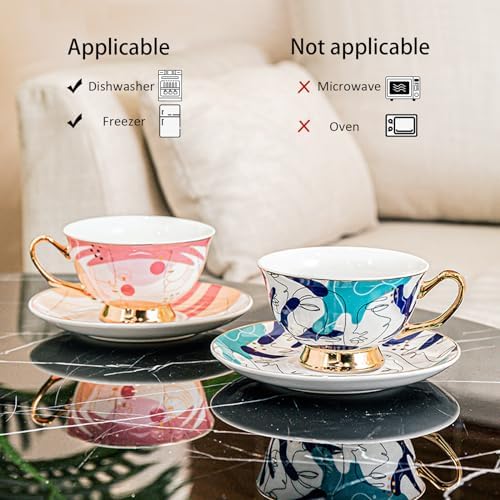 ICHAG Cups and Saucers Set of 6, Coffee Mugs, Tea Cups Set with Bowknot, Tea Set, 18-piece, Cup with 8.4oz, Golden Spoon, For Tea Party, Christmas Gifts, Gifts for Home Office