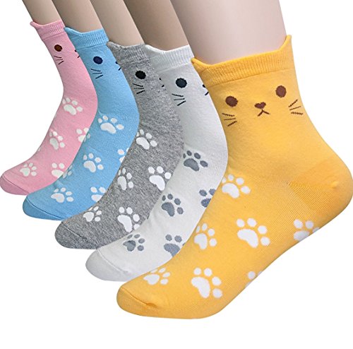 GotYourToes | Womens Teen Girls | Cute Cat Kitty Kitten Animal Print | Crew Socks| Great Gifts | 5 Pairs (Cat Paws)