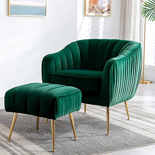 Altrobene Velvet Accent Chair with Ottoman, Modern Tufted Barrel Chair Ottoman Set for Living Room Bedroom, Golden Finished, Christmas Green