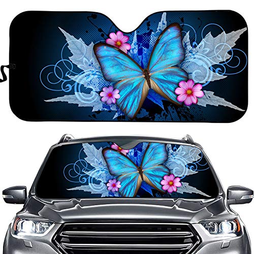 BIGCARJOB Car Windshield Sun Shade Butterflies Funny Accordian Outside UV Protective Sunshade Blue