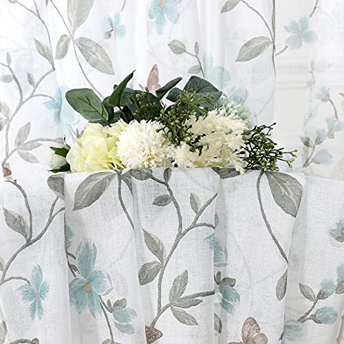 Tollpiz Short Sheer Floral Tier Curtains Blue Flower Butterfly Printed Half Window Curtain Rod Pocket Kitchen Voile Faux Linen Curtains for Bathroom, 30 x 24 inches Long, Set of 2 Panels