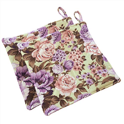 CUSHYSTORE Canvas Pot Holder Oven Pads Potholders for Cooking Kitchen 7.75", 2 Packs (Purple Rose Garden)