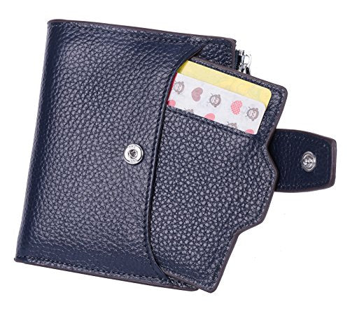 AINIMOER Women's RFID Blocking Leather Small Compact Bi-fold Zipper Pocket Wallet Card Case Purse (Lichee Navy Blue)