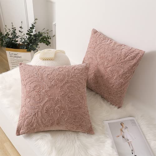 HPUK Embroidered Boho Throw Pillow Covers 18x18 inch, Set of 2 Emroidery Accent Couch Pillows for Living Room, Bedroom, Sofa, Chair, Pink