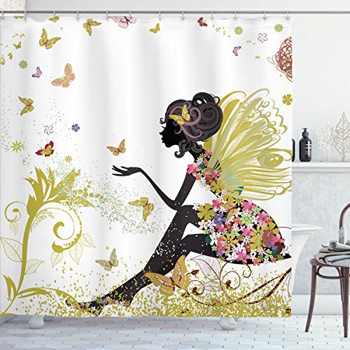 Ambesonne Fantasy Shower Curtain, Spring Girl Wings in a Floral Dress Surreal Garden Butterflies Print, Cloth Fabric Bathroom Decor Set with Hooks, 69