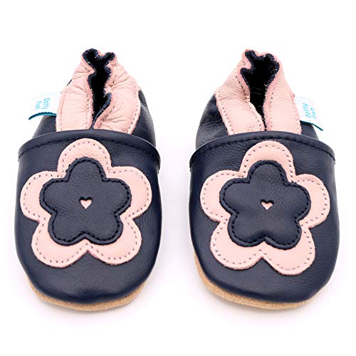 Infant to Toddler Girl's Soft Leather Slip On Shoes, Navy w/Pink Flower, Sizes to 5 Years