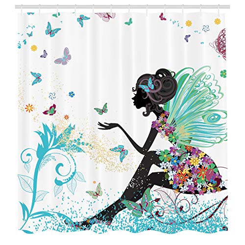 Ambesonne Fantasy Shower Curtain, Spring Girl Wings in a Floral Dress Surreal Garden Butterflies Print, Cloth Fabric Bathroom Decor Set with Hooks, 69" W x 70" L, Turquoise Black