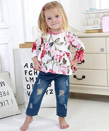 Girl's Long Sleeve Pink Floral Ruffle Top & Blue Jeans Outfit Set - Pink and Caboodle