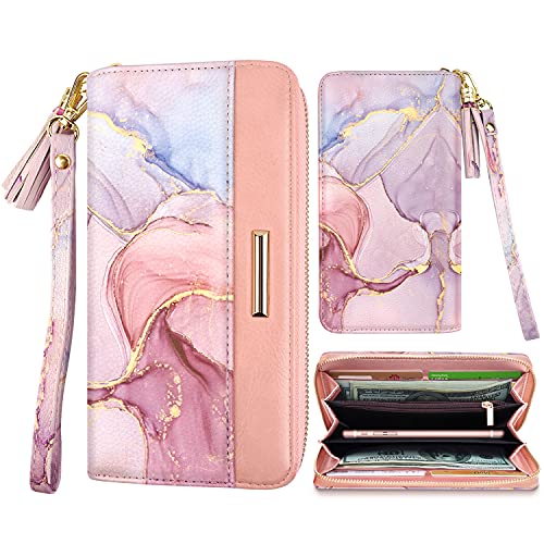 RFID Blocking Clutch Wallet w/Wrist Strap, Watercolors w/Gold Marble  (4 colors)