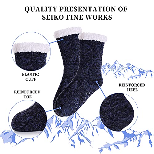 SDBING Women's Winter Super Soft Warm Cozy Fuzzy Fleece-Lined with Grippers Slipper Socks (Dark Blue and Black)