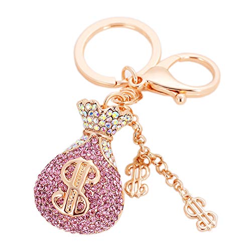 Money Bag Golden Dollar Pink Crystal Rhinestone Keychain