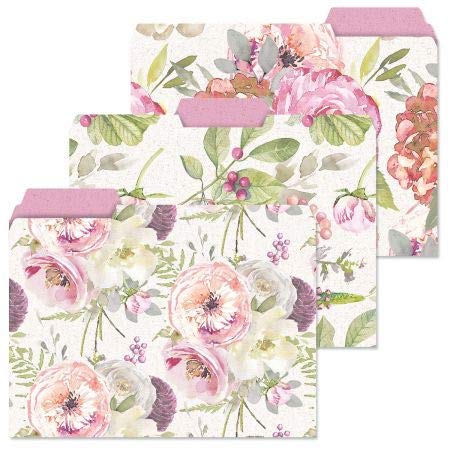Pale Peony File Folders - Set of 12 (3 Designs) 1/3 Cut Staggered Tabs, Letter Size Designed Folders