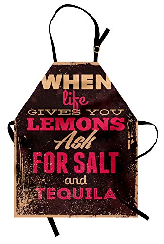 Lunarable Vintage Apron, When Life Gives You Lemons Tequila Alcohol Words Yin Yang Grunge Image, Unisex Kitchen Bib with Adjustable Neck for Cooking Gardening, Adult Size, Brown Pink