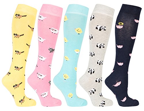 Socks n Socks-Women 5-Pairs Luxury Cotton Colorful Cool Fun Knee high Socks