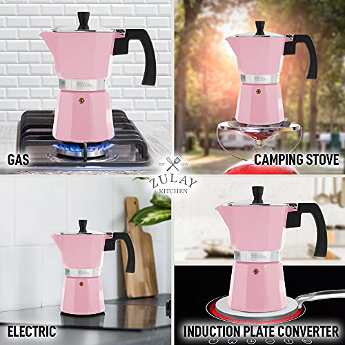 Zulay Classic Stovetop Espresso Maker for Great Flavored Strong Espresso, Classic Italian Style 5.5 Espresso Cup Moka Pot, Makes Delicious Coffee, Easy to Operate & Quick Cleanup Pot (Pink)