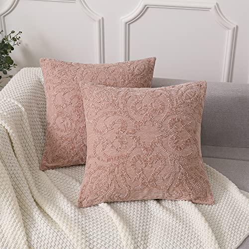 HPUK Embroidered Boho Throw Pillow Covers 18x18 inch, Set of 2 Emroidery Accent Couch Pillows for Living Room, Bedroom, Sofa, Chair, Pink