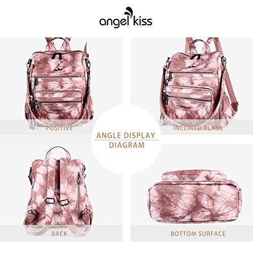 Backpack Purse Women PU Leather ladies fashion shoulder bag Casual Tassel Zipper Angel Kiss Backpacks(Pink)