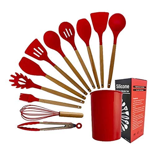 Kitchen Cooking Utensils Set 12 Pieces Silicone Wooden Handle High Heat Resistance Premium Silicone Kitchen Gadgets Spatula Set with Holder BPA Free (RED)