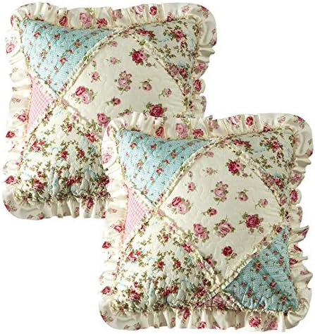 Ruffled Throw Pillows Cover Set, Sunshine Pink and Green Rose Patchwork Quilted, 18x18, Pack of 2
