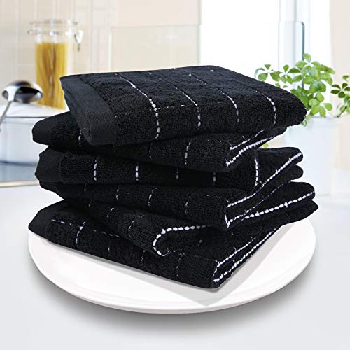 Homaxy 100% Cotton Terry Kitchen Dish Cloths, Highly Absorbent, Fast Drying and Machine Washable Dish Towels - Great for Household Cooking Cleaning, 6 Pack, 12 x 12 Inches, Blcak