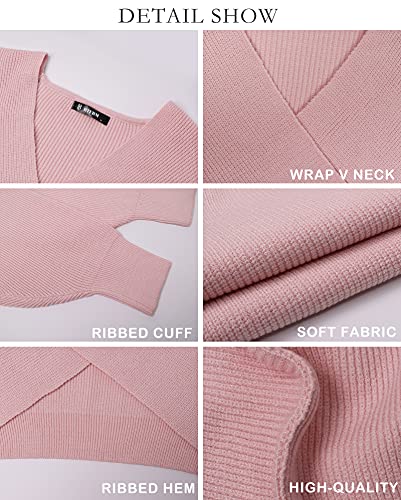 BTFBM Women Casual V Neck Long Sleeve Sweaters Cross Wrap Front Off Shoulder Asymmetric Hem Knitted Crop Solid Pullover(Solid Pink, Small)