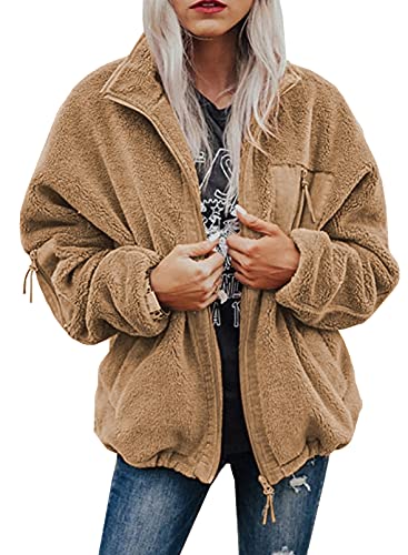 BTFBM Women Long Sleeve Full Zip Jackets Casual Solid Color Loose Fleece Short Teddy Coats Jacket Outerwear With Pockets(Solid Khaki, Medium)