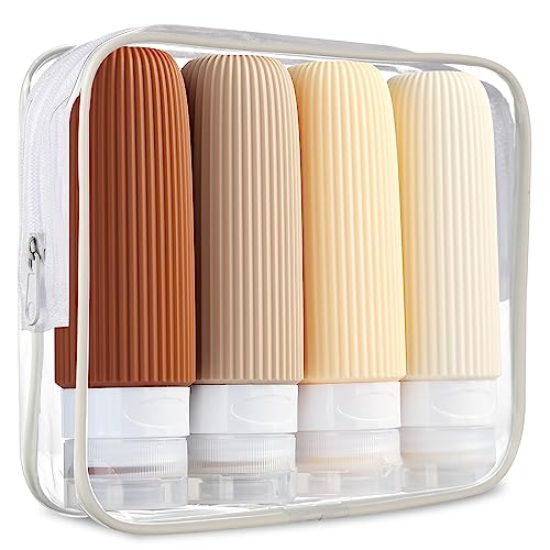 Mrsdry Travel Bottles for Toiletries, Tsa Approved 3oz Portable Travel Bottles, BPA Free Leak Proof Squeezable Silicone Travel Size Containers, Travel Accessories with Clear Toiletry Bag (4 Pack)