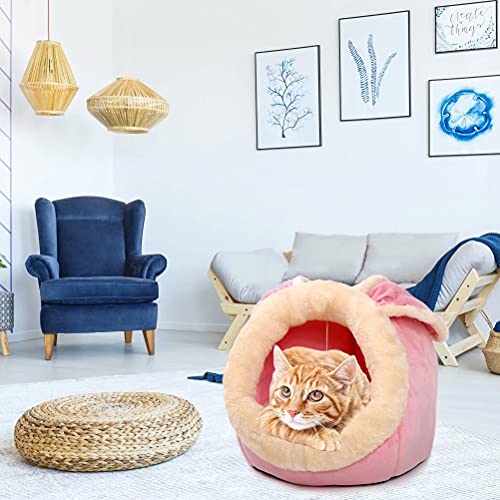 Cat Beds for Indoor Cats - Small Dog Bed with Anti-Slip Bottom, Rabbit-Shaped Cat/Small Dog Cave with Hanging Toy, Puppy Bed with Removable Cotton Pad, Super Soft Calming Pet Sofa Bed (Pink Medium)