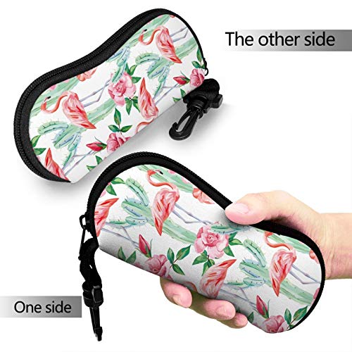 Pink Flamingo Eyeglasses Case With Carabiner Watercolor Cactus Red Roses Sunglasses Soft Case Ultra Lightweight Neoprene Zipper Eyewear Soft Bag