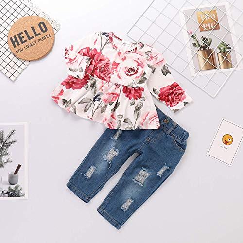 Girl's Long Sleeve Pink Floral Ruffle Top & Blue Jeans Outfit Set - Pink and Caboodle