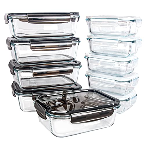[10 Packs, 20 Pieces] Glass Food Storage Containers with Lids (Built in Vent), Airtight Meal Prep Containers, Glass Bento Boxes for Home Kitchen, BPA Free & Leak Proof (10 lids & 10 Containers) - Black&White