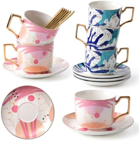 ICHAG Cups and Saucers Set of 6, Coffee Mugs, Tea Cups Set with Bowknot, Tea Set, 18-piece, Cup with 8.4oz, Golden Spoon, For Tea Party, Christmas Gifts, Gifts for Home Office
