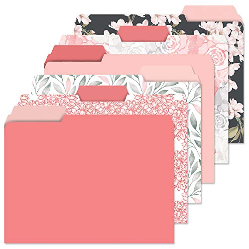 Set of 24 Charcoal & Coral File Folders, 6 Bright Designs, 1/3 Cut Tabs, Standard Letter Size