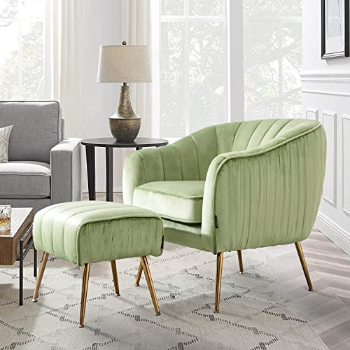 Altrobene Velvet Accent Chair with Ottoman, Modern Tub Arm Chair Footstool Set for Living Room Bedroom, Golden Finished, Grass Green