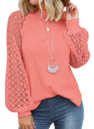 MIHOLL Women’s Long Sleeve Tops Lace Casual Loose Blouses T Shirts (Coral, S)