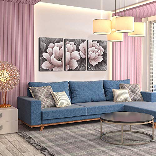 Biuteawal Flower Canvas Wall Art Abstract Pink and Gray Wall Artworks Elegant Floral Painting Still Life Pictures for Home Living Room Bedroom Decoration Ready to Hang 16x24inx3panels