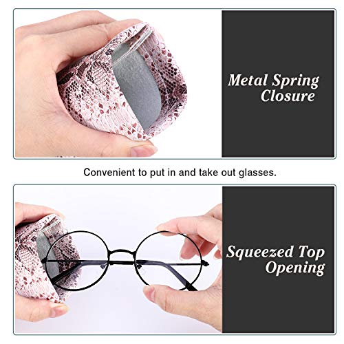 MoKo Squeeze Top Glasses Pouch (2 Pack), Portable Leather Soft Sunglasses Case Anti-Scratch Eyeglasses Bag Goggles Sleeve with Cleaning Cloth for Women Men, Black & Python Grain