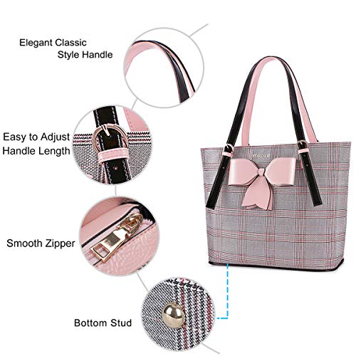 Elegant 16.9" Pink & Gray Tweed Print Laptop Tote Bag, Large Capacity Business Travel Briefcase Handbag with Bow Knot