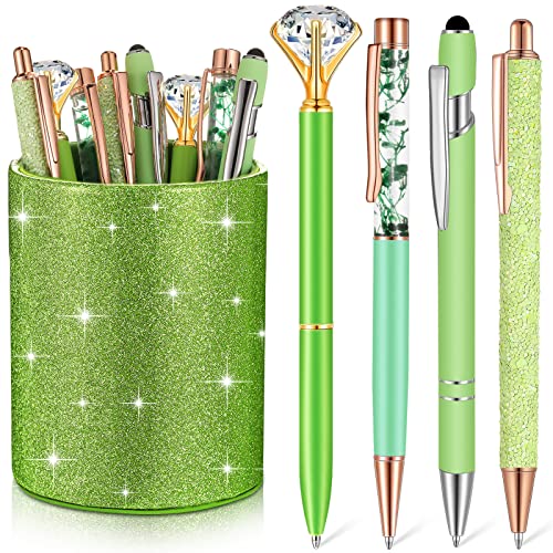 Sabary 8 Pcs Ballpoint Pens with Pen Holder for Desk Metal Crystal Diamond Pen Glitter Pencil Holder Fancy Pens Black Ink Bling Desk Organizer for Women Girls Office School Teacher Gifts (Green)