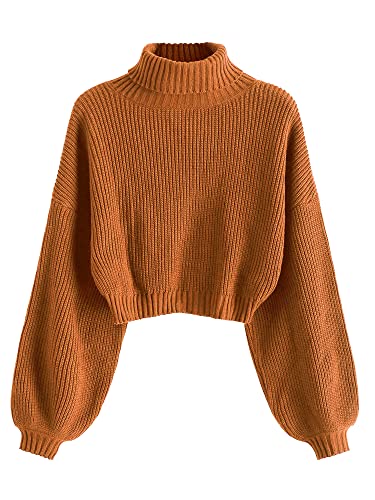 ZAFUL Women's Cropped Turtleneck Sweater Lantern Sleeve Ribbed Knit Pullover Sweater Jumper (2-Orange, M)