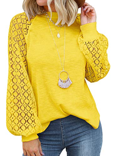 MIHOLL Women’s Long Sleeve Tops Lace Casual Loose Blouses T Shirts (Yellow, Small)