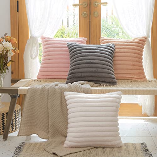 Uhomy Set of 2 Faux Fur Home Decorative Throw Pillow Cover Luxury Super Soft Fuzzy Striped Furry Pillowcase for Sofa Couch Bedroom Comfy Thick Fluffy Plush Cushion Cover 18x18 Inch Bright Pink 45 cm