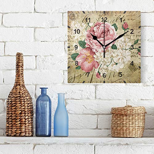 Vintage Shabby Chic Pink Rose Flowers Non-Ticking Silent Wall Clock