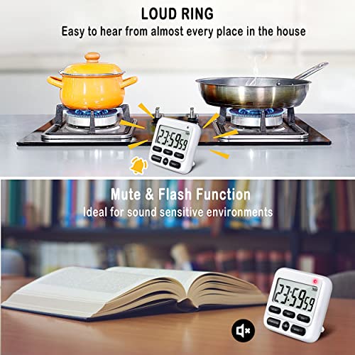 KTKUDY Digital Kitchen Timer with Mute/Loud Alarm Switch ON/Off Switch, 24 Hour Clock & Alarm, Memory Function Count Up & Count Down for Kids Teachers Cooking, Large LCD Display, Strong Magnet (White)