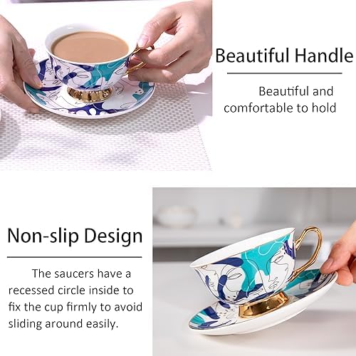 ICHAG Cups and Saucers Set of 6, Coffee Mugs, Tea Cups Set with Bowknot, Tea Set, 18-piece, Cup with 8.4oz, Golden Spoon, For Tea Party, Christmas Gifts, Gifts for Home Office