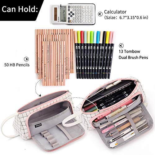 EASTHILL Large Capacity Colored Canvas Storage Pouch Marker Pen Pencil Case Simple Stationery Bag Holder For Middle High School Office College Student Girl Women Adult Teen Gift White Plaid