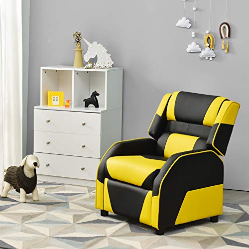 Costzon Kids Recliner, Gaming Recliner Chair w/Footrest, Headrest, Lumbar Support, Ergonomic Leather Lounge Chair for Living & Gaming Room, Adjustable Racing Style Sofa for Children Boys Girls, Yellow