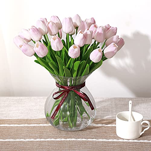 SOJIRUSPA Pink Tulips Artificial Flowers 20 Pcs Fake Tulips PU Artificial Tulips Flower Arrangement Faux Tulips Real Touch Tulip Fake Flowers Decoration Bouquet for Home Party Office Wedding Decor