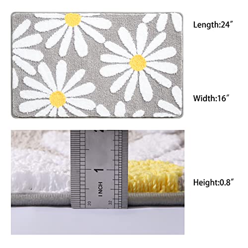 Gray Bathroom Rugs Cute Daisy Bath Mat White and Yellow Flower Decor Rug Non Slip Floor Carpet Microfiber Bathmat Super Absorbent Machine Washable Bahtub Mats for Shower, Tub, Bedroom 16"x 24"