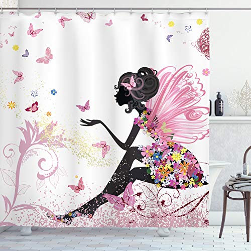 Ambesonne Fantasy Shower Curtain, Girl Silhouette in a Floral Dress Surreal Garden Flying Butterflies Print, Cloth Fabric Bathroom Decor Set with Hooks, 69